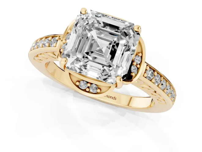 Asscher Cut Diamond Halo Ring Set in Yellow gold with Channel Set Band and Prong Setting – second view