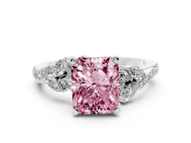 Radiant Cut Floral Engagement Ring Setting for a Fancy Pink Lab-Grown Diamond | Marquise Side Stones | White Gold