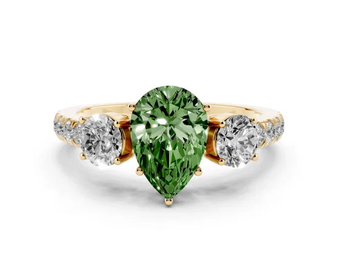 Fancy Green Pear Cut Diamond Three-Stone Ring Set in Yellow gold with Round Side Stones and Delicate Pavé Band