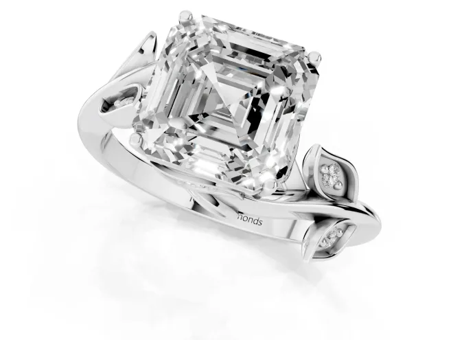 Asscher Cut Diamond Solitaire Twist Engagement Ring Set in White gold with Pavé Leaf Accents – second view