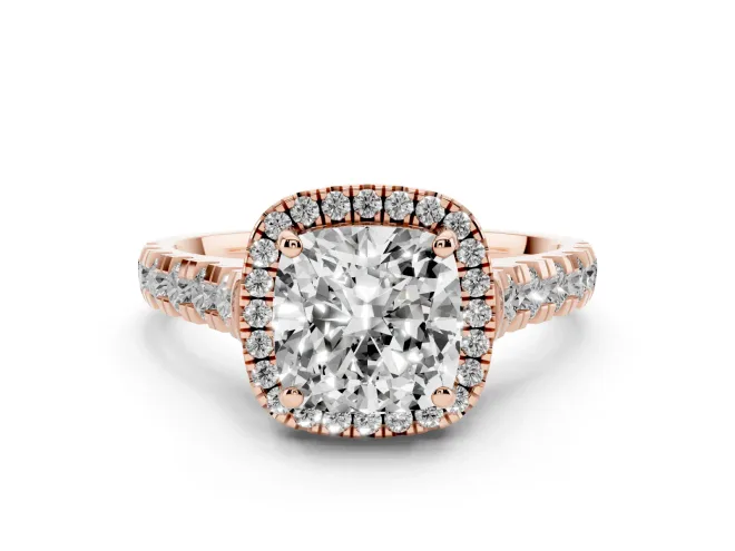 Cushion Cut Halo Engagement Ring Setting | Shared Prong Shoulders | Rose Gold