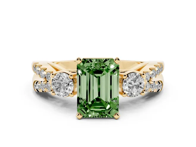 Emerald Cut Three Stone Engagement Ring Setting for a Fancy Green Lab-Grown Diamond | Yellow Gold
