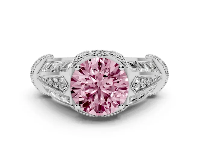 Fancy Pink Round Cut Diamond Vintage-Inspired Milgrain Ring Set in White gold with Accent Split Shank