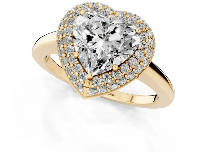 Heart Cut Diamond Halo Engagement Ring Set in Yellow gold with Solitaire Band and Prong Setting – second view