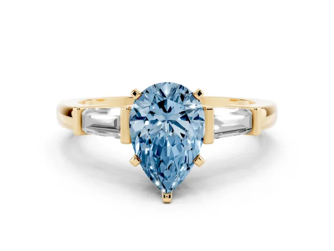 Pear-Shaped Three-Stone Engagement Ring Setting for a Fancy Blue Lab-Grown Diamond | Tapered Baguettes | Yellow Gold