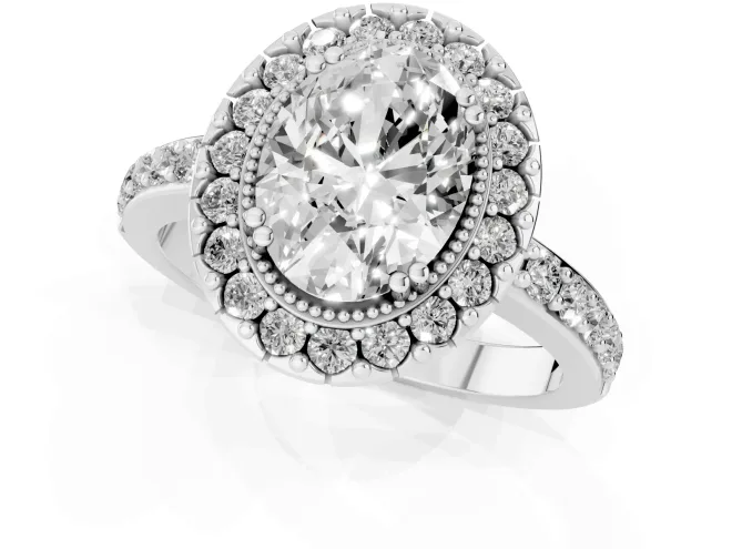 Oval Cut Diamond Halo Ring Set in Silver with Pavé Shank and Prong Setting – second view