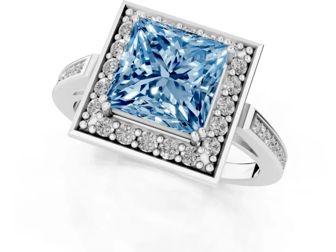 Fancy Blue Princess Cut Diamond Halo Ring Set in Platinum with Accent-Lined Split Shank and Prong Setting – second view