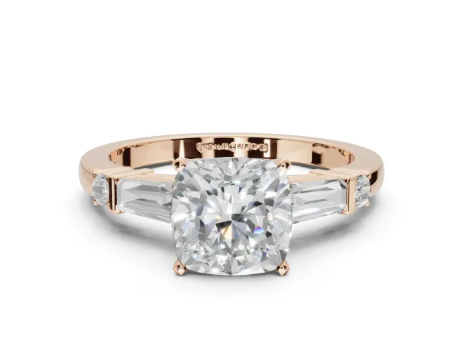 Cushion Cut Tapered Baguette Engagement Ring Setting | Bar Set Sides | Rose Gold