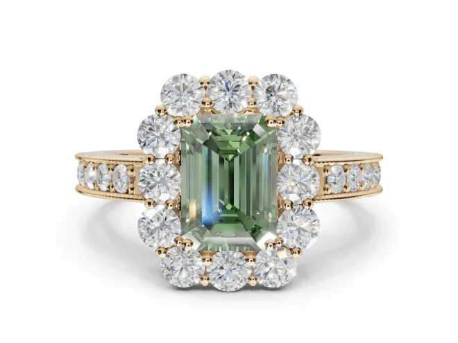 Emerald Cut Vintage Halo Engagement Ring Setting for a Fancy Green Lab-Grown Diamond | Yellow Gold