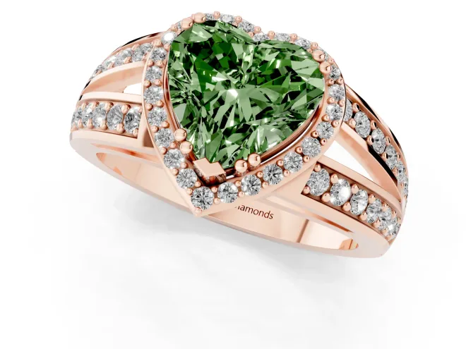 Fancy Green Heart Cut Diamond Halo Ring Set in Rose gold with Double Pavé Split Shank – second view
