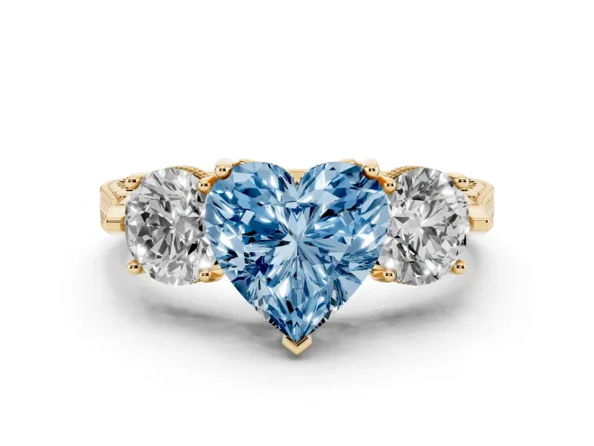 Heart-Shaped Vintage Three Stone Engagement Ring Setting for a Fancy Blue Lab-Grown Diamond | Yellow Gold - Design NV-24868