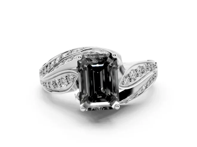 Fancy Black Emerald Cut Diamond Solitaire Ring Set in Silver with Layered Twist Pavé Band
