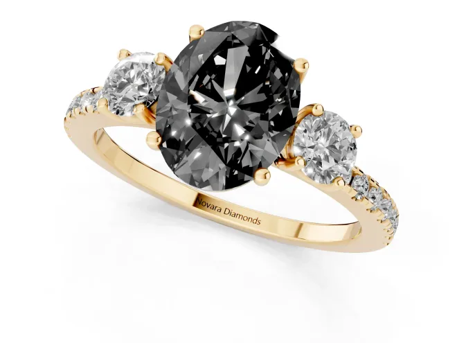 Fancy Black Oval Cut Diamond Three-Stone Ring Set in Yellow gold with Pavé Band and Graduated Sides – second view