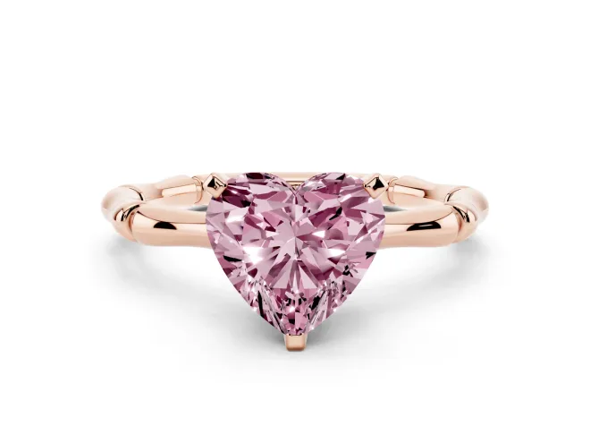 Fancy Pink Heart Cut Diamond Solitaire Ring Set in Rose gold with Bamboo Band and Prong Setting