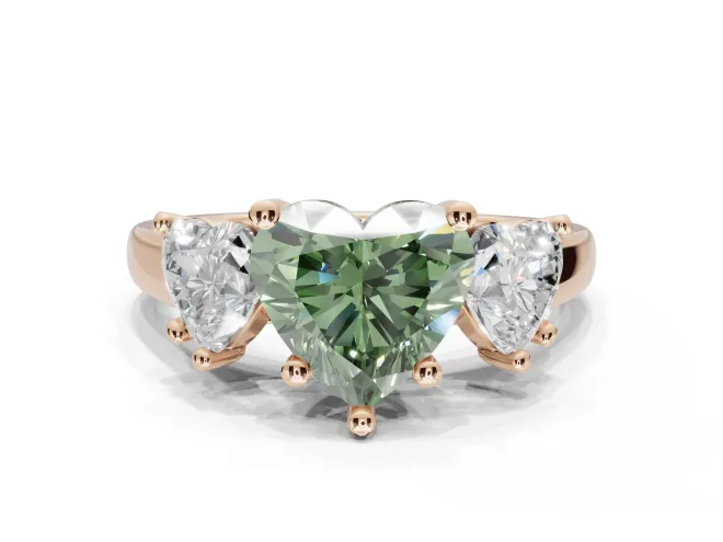 Heart-Shaped Three Stone Engagement Ring Setting for a Fancy Green Lab-Grown Diamond | Tapered Band | Rose Gold