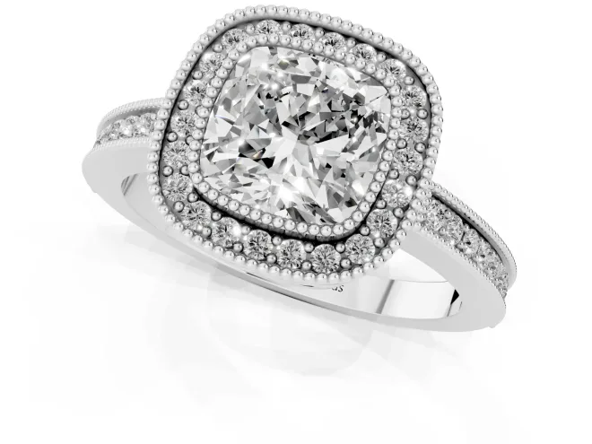 Cushion Cut Diamond Halo Ring Set in White gold with Pavé Band and Milgrain-Edged Prongs – second view