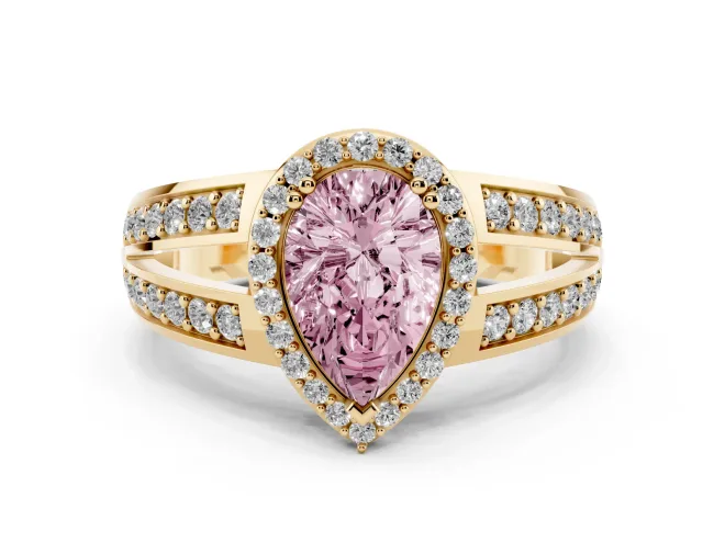 Fancy Pink Pear Cut Diamond Halo Ring Set in Yellow gold with Double Pavé Split Shank
