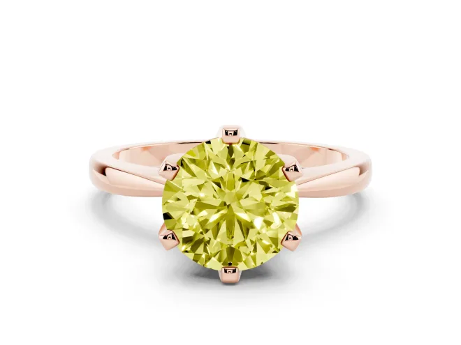 Fancy Yellow Round Cut Diamond Solitaire Engagement Ring Set in Rose gold with Slim Tapered Solitaire Band