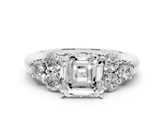 Asscher Cut Diamond Cluster Ring Set in Silver with Round Accent Stones and Prong Setting on a Plain Band