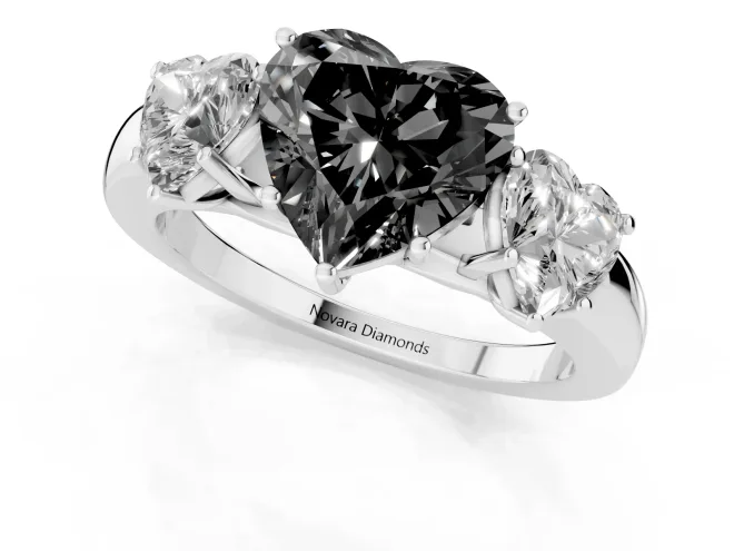 Fancy Black Heart Cut Diamond Three-Stone Ring Set in Silver with Bold Center and Classic Band – second view