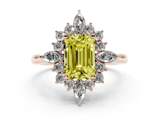 Fancy Yellow Emerald Cut Diamond Cluster Halo Ring Set in Rose gold with Marquise and Round Accents