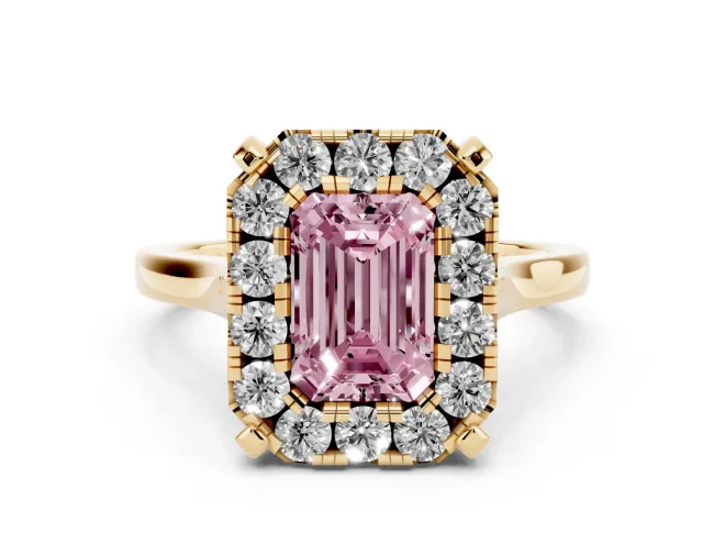 Emerald Cut Claw Corner Halo Engagement Ring Setting for a Fancy Pink Lab-Grown Diamond | Slim Plain Band | Yellow Gold