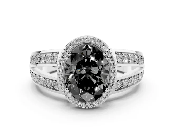 Fancy Black Oval Cut Diamond Halo Ring Set in Platinum with Double Pavé Split Shank