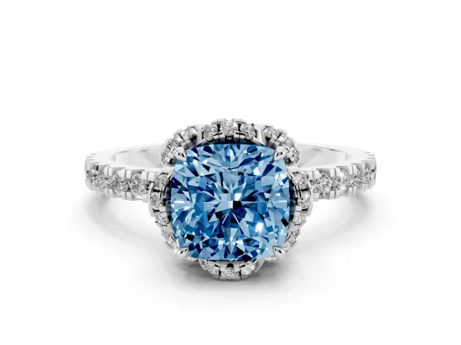 Fancy Blue Cushion Cut Diamond Halo Pavé Band Ring Set in Platinum with Prong-Held Center