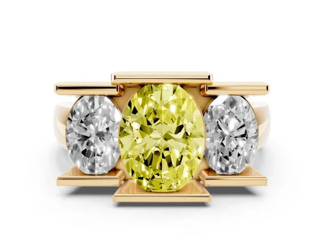 Oval Channel-Set Three Stone Engagement Ring Setting for a Fancy Yellow Lab-Grown Diamond | Wide Flat Band | Yellow Gold