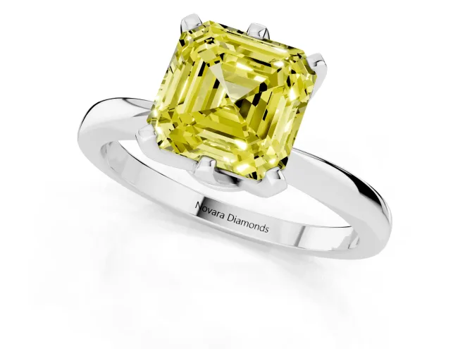 Fancy Yellow Asscher Cut Diamond Solitaire Engagement Ring Set in White gold with Slim Tapered Solitaire Band – second view