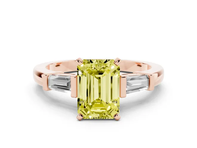 Emerald Cut Three-Stone Engagement Ring Setting for a Fancy Yellow Lab-Grown Diamond | Tapered Baguettes | Rose Gold
