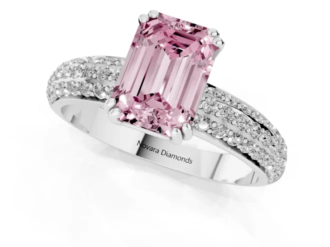 Fancy Pink Emerald Cut Diamond Solitaire Ring Set in White gold with Multi-Row Round Pavé Band and Prong Setting – second view