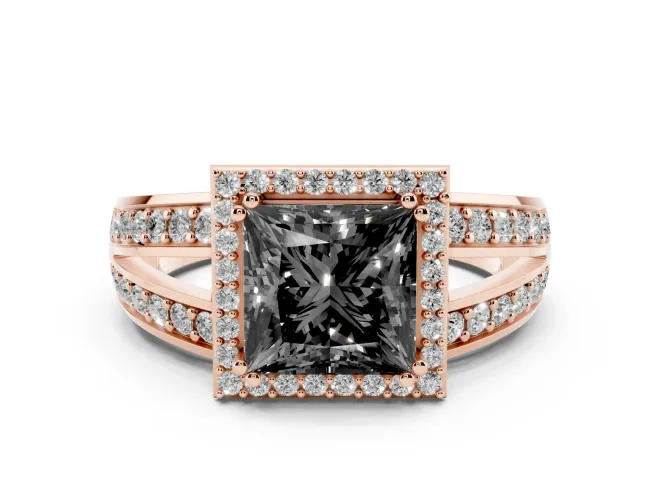 Fancy Black Princess Cut Diamond Halo Ring Set in Rose gold with Double Pavé Split Shank