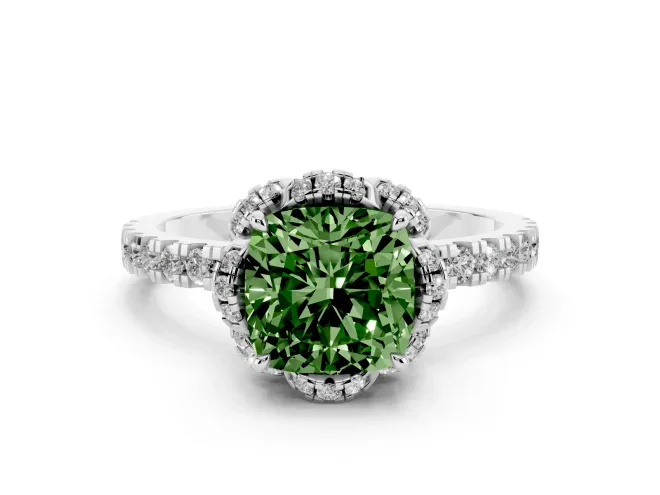 Fancy Green Cushion Cut Diamond Halo Pavé Band Ring Set in Platinum with Prong-Held Center