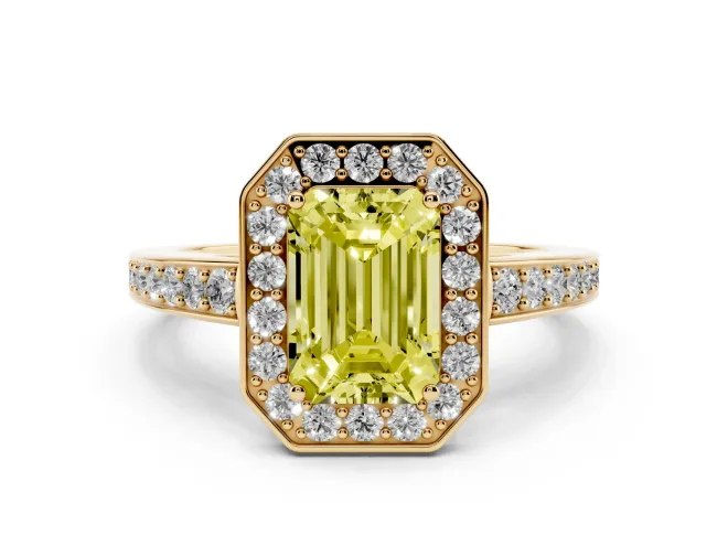 Emerald Cut Framed Halo Engagement Ring Setting for a Fancy Yellow Lab-Grown Diamond | Yellow Gold