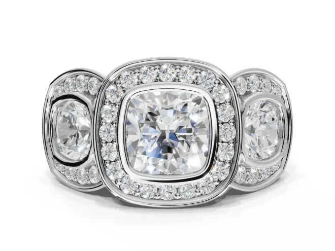 Cushion Cut Three Stone Halo Engagement Ring Setting | Bezel Set | White Gold