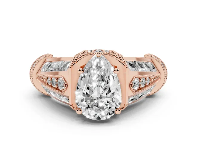 Pear Cut Diamond Vintage-Inspired Milgrain Ring Set in Rose gold with Accent Split Shank