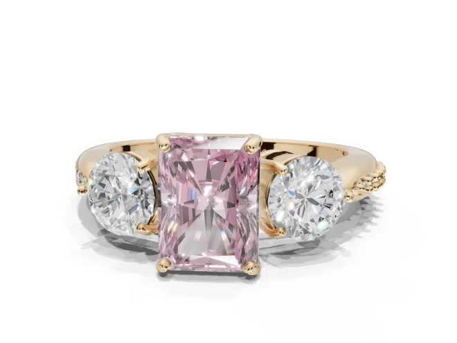 Radiant Cut Three Stone Engagement Ring Setting for a Fancy Pink Lab-Grown Diamond | Tapered Pavé Band | Yellow Gold