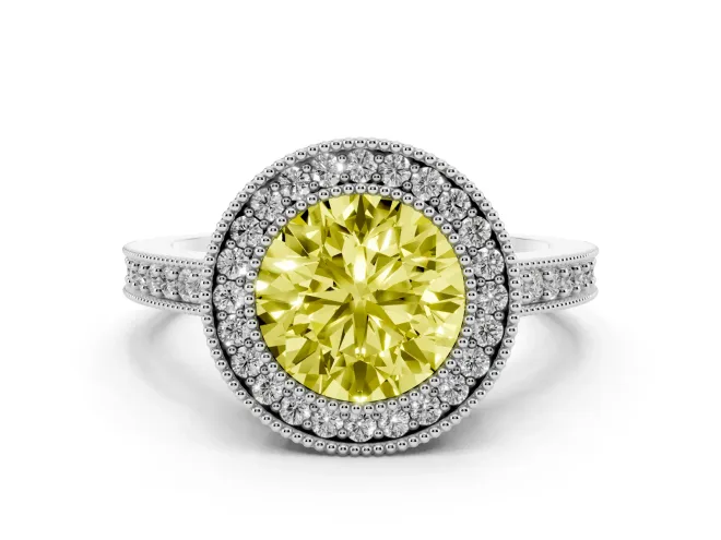 Round Milgrain Halo Engagement Ring Setting for a Fancy Yellow Lab-Grown Diamond | Pave Band | Sterling Silver