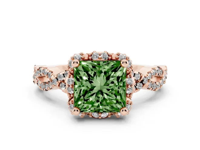 Princess Cut Milgrain Halo Engagement Ring Setting for a Fancy Green Lab-Grown Diamond | Graduated Shoulders | Rose Gold