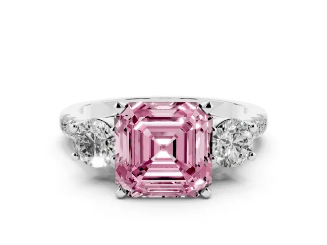 Asscher Cut Three-Stone Engagement Ring Setting for a Fancy Pink Lab-Grown Diamond | White Gold