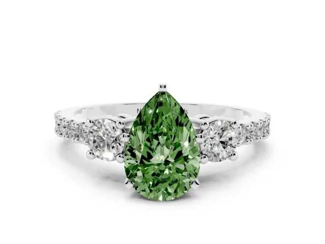 Fancy Green Three-Stone Pear Cut Diamond Pavé Band Ring Set in White gold with Prong Setting
