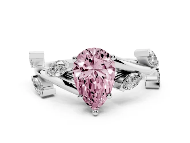 Fancy Pink Pear Cut Diamond Solitaire Ring Set in White gold with Twisted Marquise Accent Band