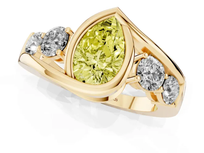 Fancy Yellow Pear Cut Diamond Bezel Bypass Ring Set in Yellow gold with Round Accents – second view
