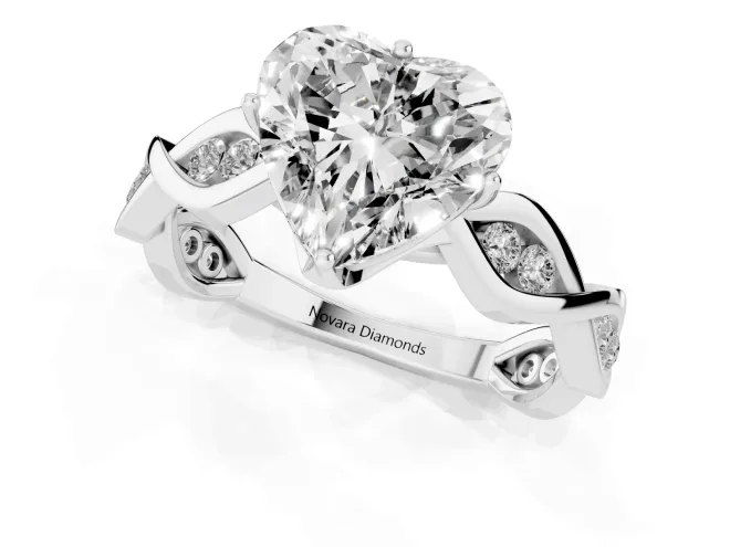 Heart Cut Diamond Twist Band Solitaire Ring Set in Silver with Leaf Prong Setting and Accent Stones – second view