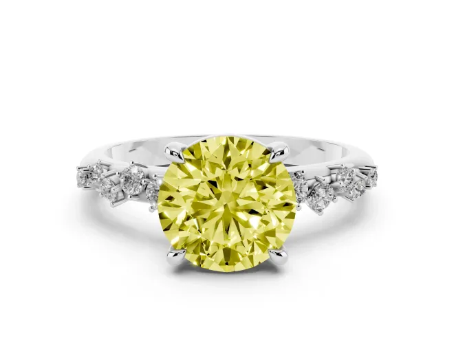 Fancy Yellow Round Cut Diamond Solitaire Vine Band Ring Set in White gold with Round Accents and Prong Setting