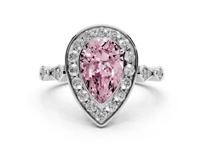 Pear-Shaped Halo Engagement Ring Setting for a Fancy Pink Lab-Grown Diamond | Bezel Station Shoulders | Sterling Silver
