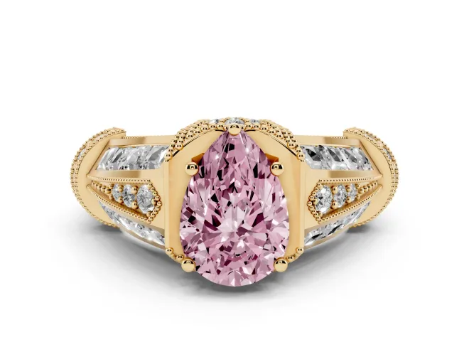 Pear-Shaped Vintage Milgrain Engagement Ring Setting for a Fancy Pink Lab-Grown Diamond | Hidden Halo | Yellow Gold