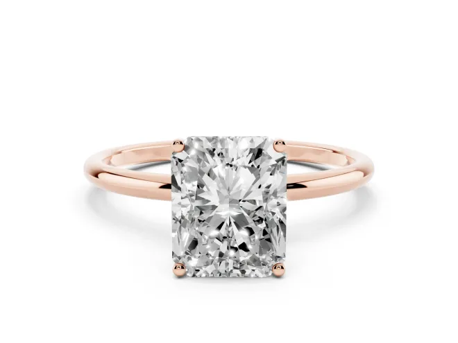 Radiant Cut Diamond Solitaire Engagement Ring Set in Rose gold with Thin Band and Prong Setting
