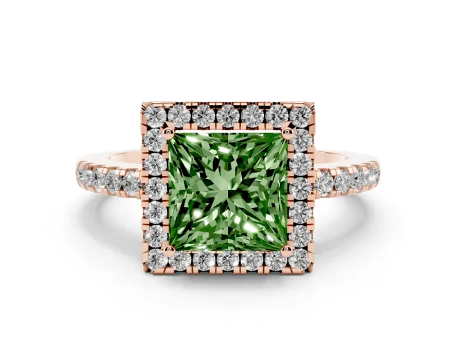 Princess Cut Halo Engagement Ring Setting for a Fancy Green Lab-Grown Diamond | Shared Prong Pavé Band | Rose Gold
